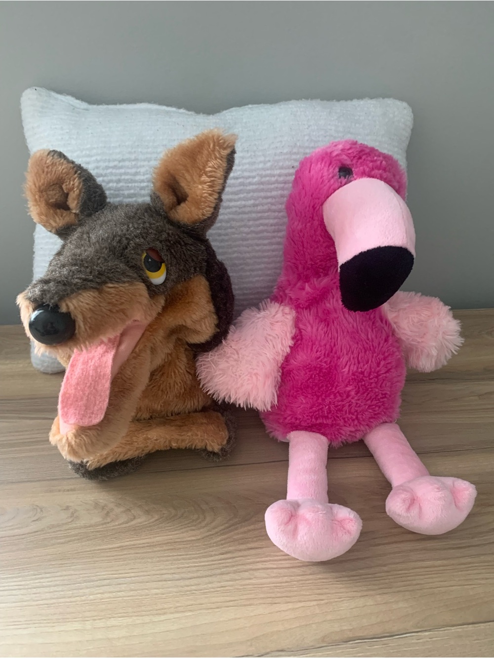 Vintage puppets - pink flamingo and wolf